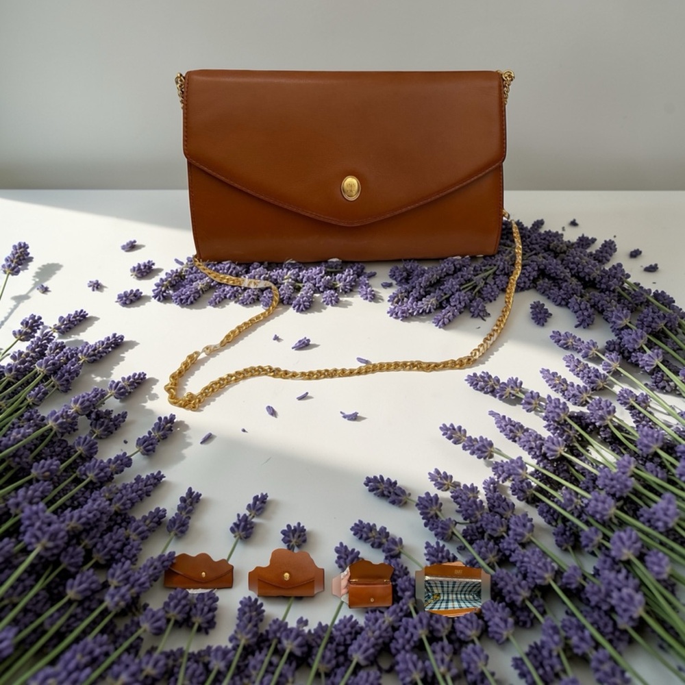 Daks London Tan Leather Clutch with Gold Chain